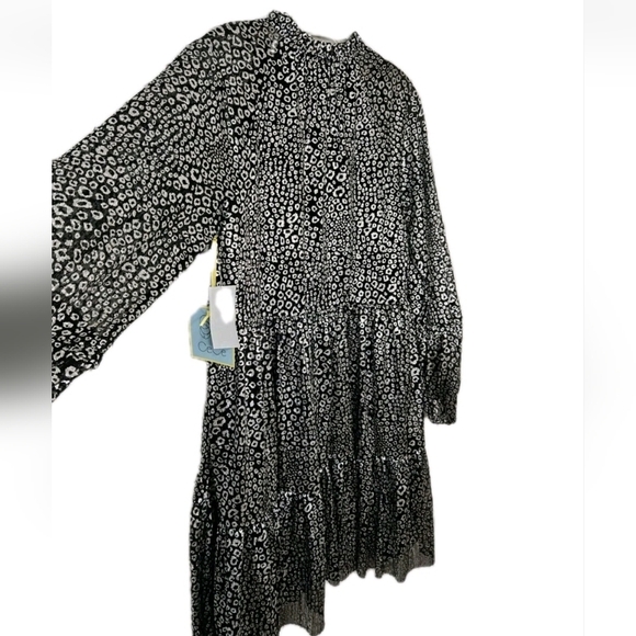 CeCe Black & Silver leopard print Babydoll mini dress Ruffled Size Medium NEW - Picture 8 of 12